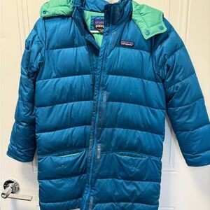 Patagonia Kids Down Parka Coat | Teal Blue & Green | Size M (10)